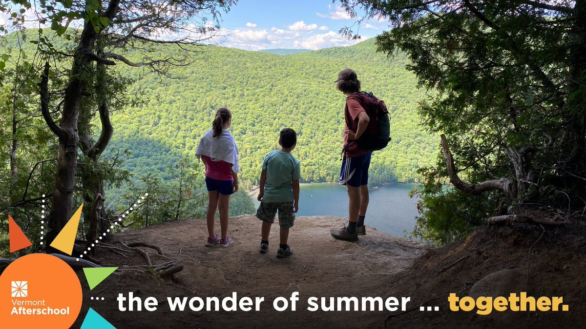 A man and two children are looking at the scenery of a forest of trees while on their hike.