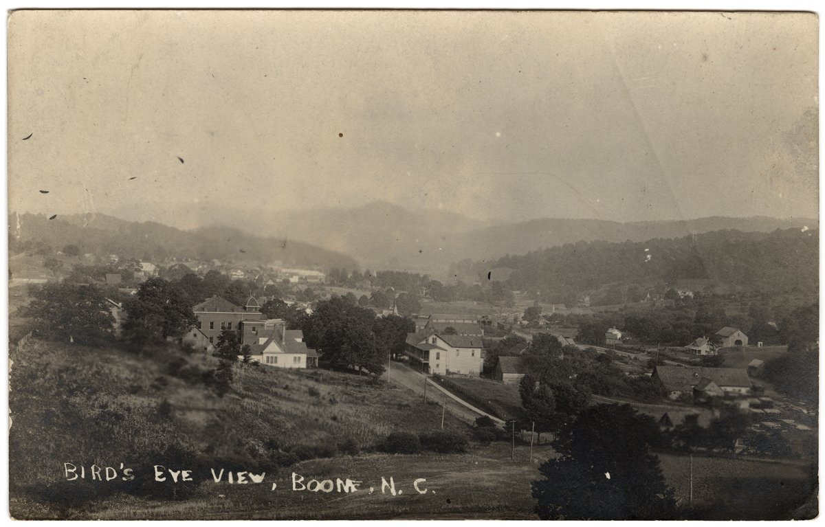 A black and white vintage picture of a bird's eye view of Boone, North Carolina.