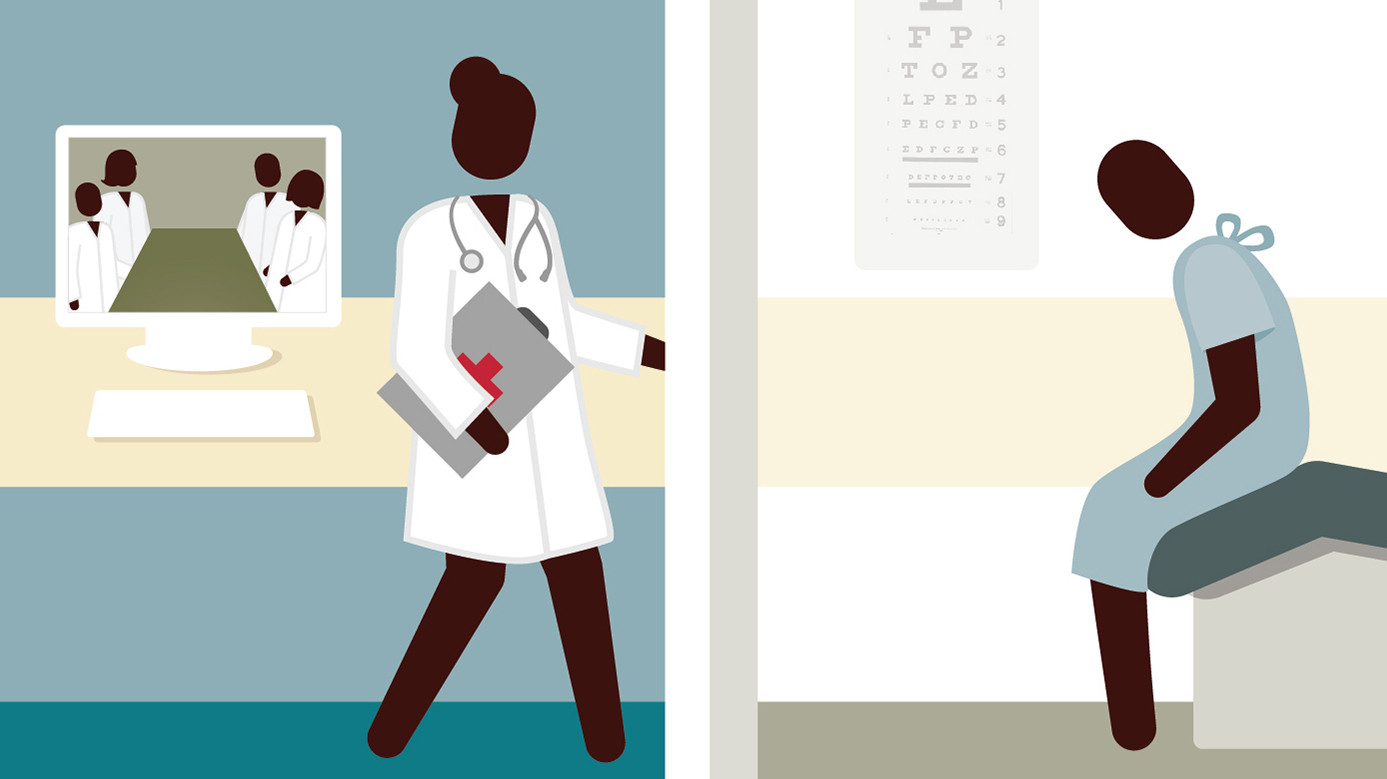 An animated graphic of a doctor leaving a video conference training to go into a patient's room where a patient sits.